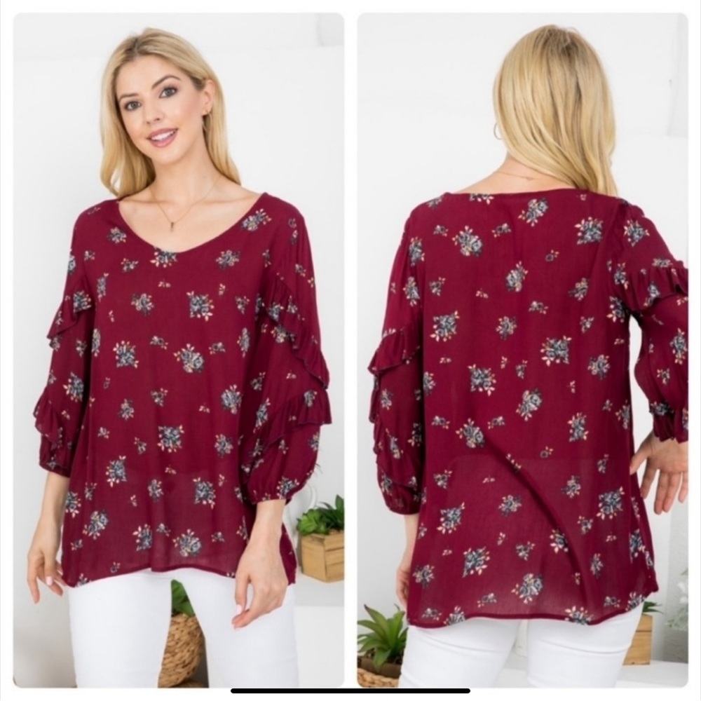 BURGUNDY FLORAL TOP - Picture 2 of 7